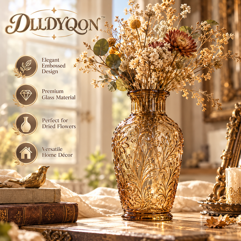 DLLDYQON™ Briarwick Embossed Glass Bud Vase – Vintage-Inspired Pressed Glass Vase, Dried Flower Bottle & Shelf Décor