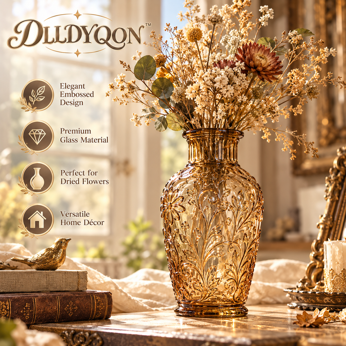 DLLDYQON™ Briarwick Embossed Glass Bud Vase – Vintage-Inspired Pressed Glass Vase, Dried Flower Bottle & Shelf Décor