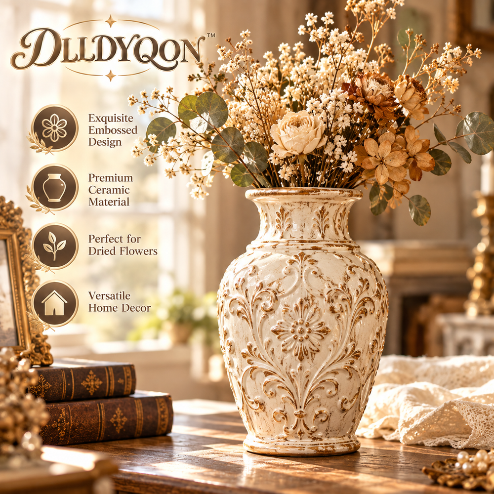DLLDYQON™ Roselyn Relief Ceramic Bud Vase – Small Vintage-Inspired Embossed Pottery Vase for Mantel, Bookshelf & Table Décor