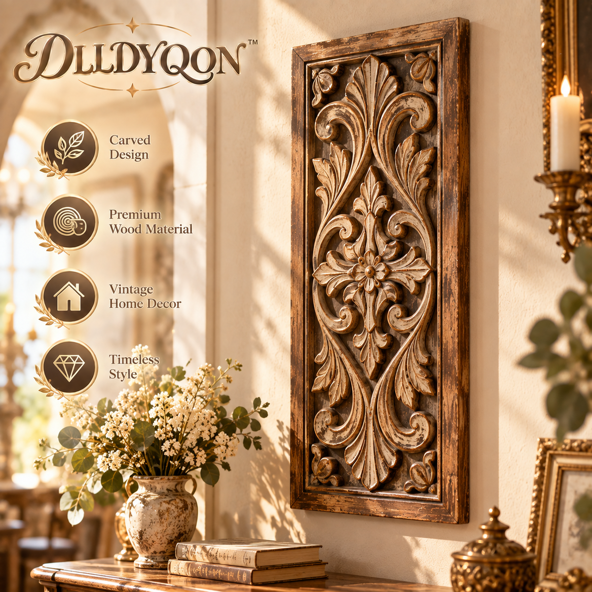 DLLDYQON™ Aldercrest Carved Wood Wall Panel – Vintage-Inspired Distressed Wooden Wall Accent