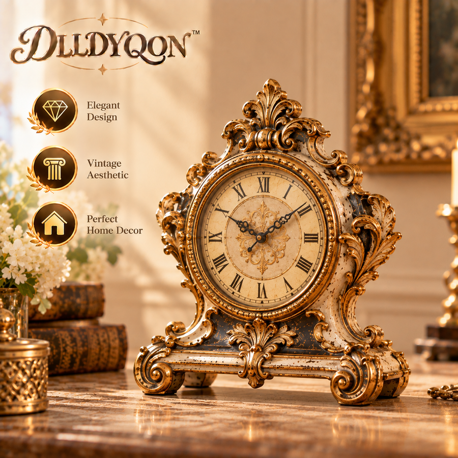 DLLDYQON™ Evermont Old-Clock Decorative Sculpture – Vintage-Inspired Resin Mantel Clock Ornament, Non-Working Display