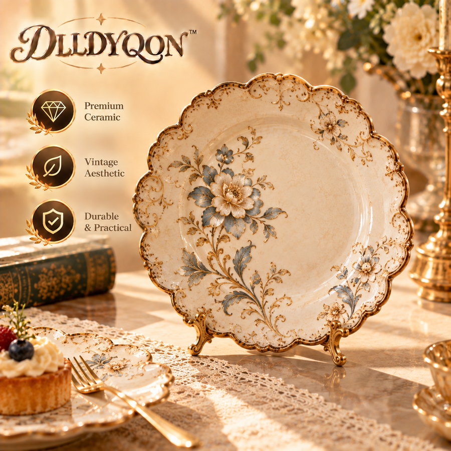 DLLDYQON™ Bellafleur Scalloped Ceramic Dessert Plate – Vintage-Inspired Distressed-Glaze Snack & Display Plate