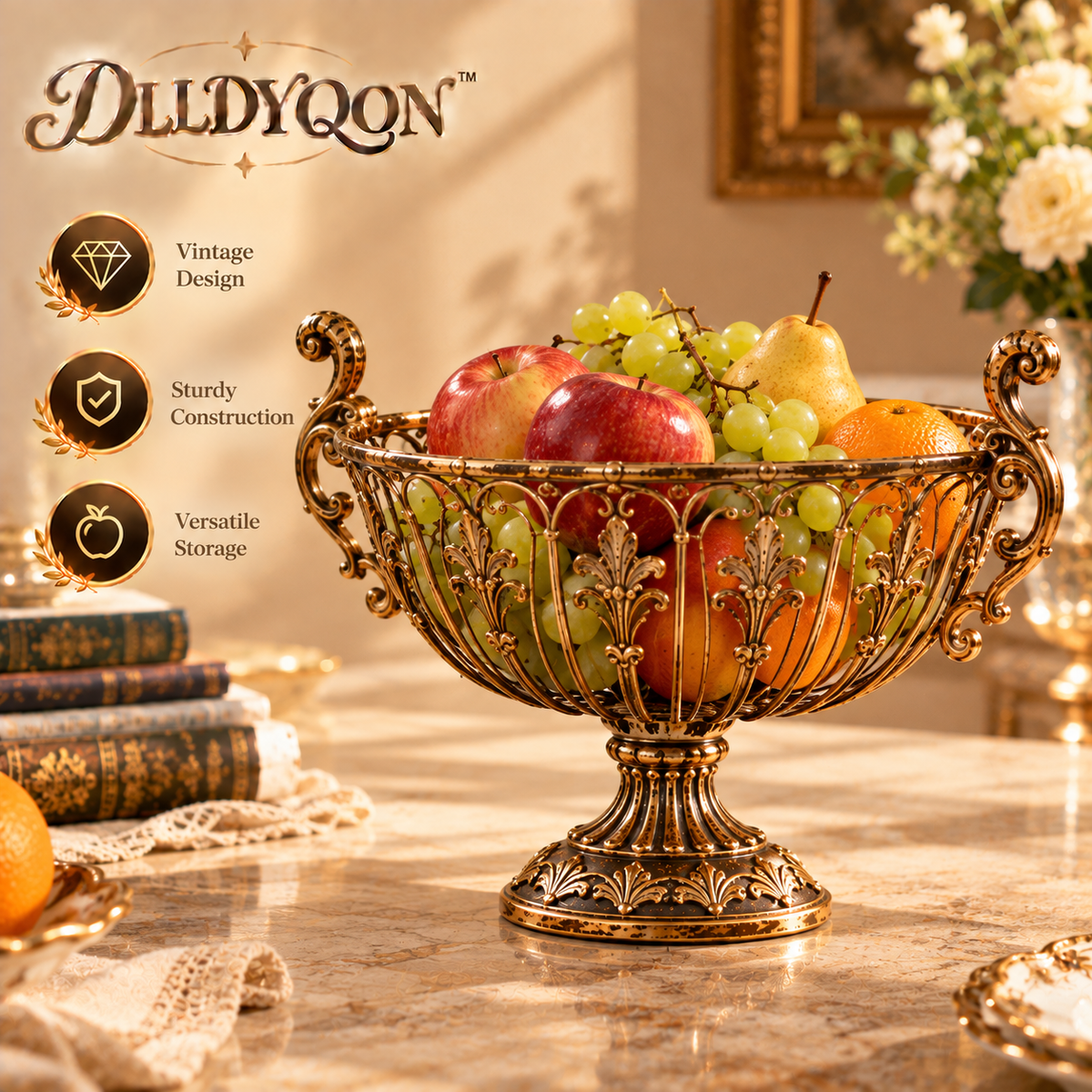DLLDYQON™ Harveston Antiqued Iron Fruit Basket – Vintage-Inspired Open-Wire Countertop Basket