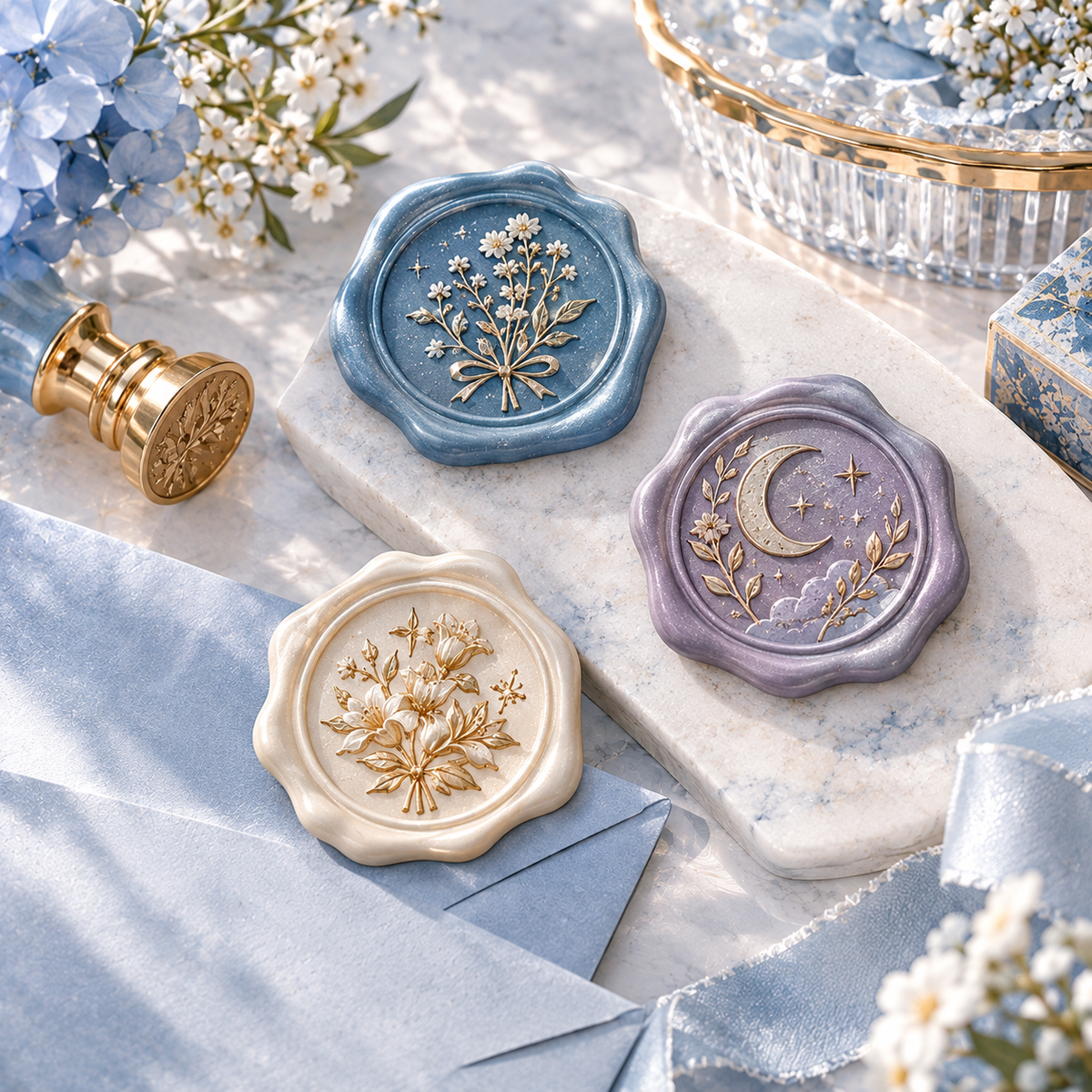 LUEBMYQ™ Pressed Moment Premade Wax Seal Trio — Handmade-Style Self-Adhesive Envelope Seals, 3-Piece Set