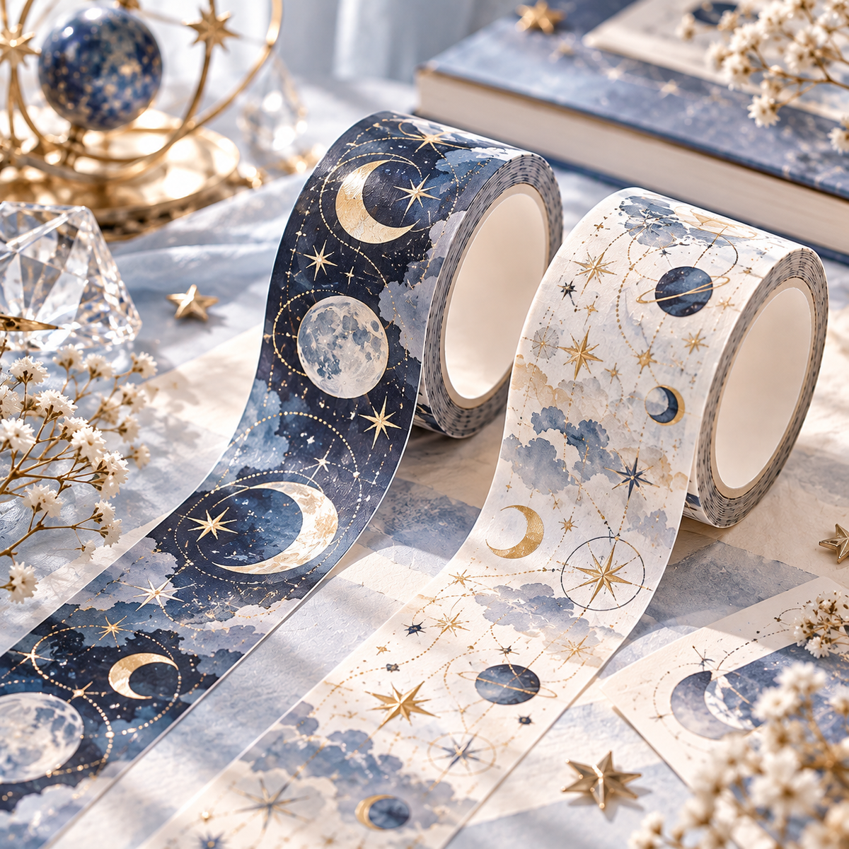LUEBMYQ™ Moonlit Atlas Washi Tape Duo — Celestial Moon & Star Decorative Tape, 10 m Planner Tape Set